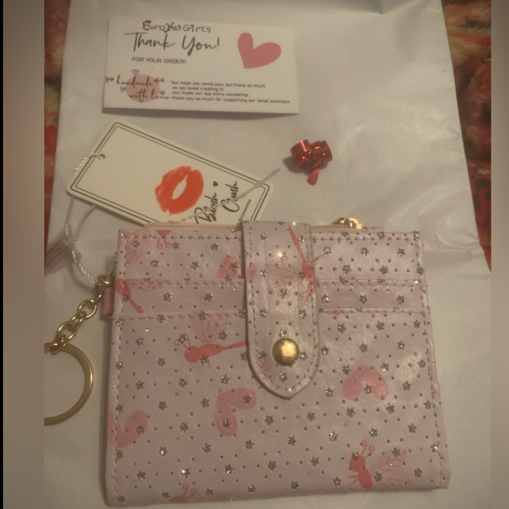 Sparkly Pink Heart Card Holder with zip Coin Pouch and gold Keyring NWT - Picture 5 of 5
